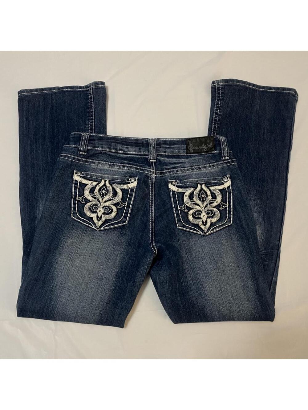 dark wash low rise flare jeans